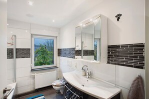 Shower, hair dryer, towels