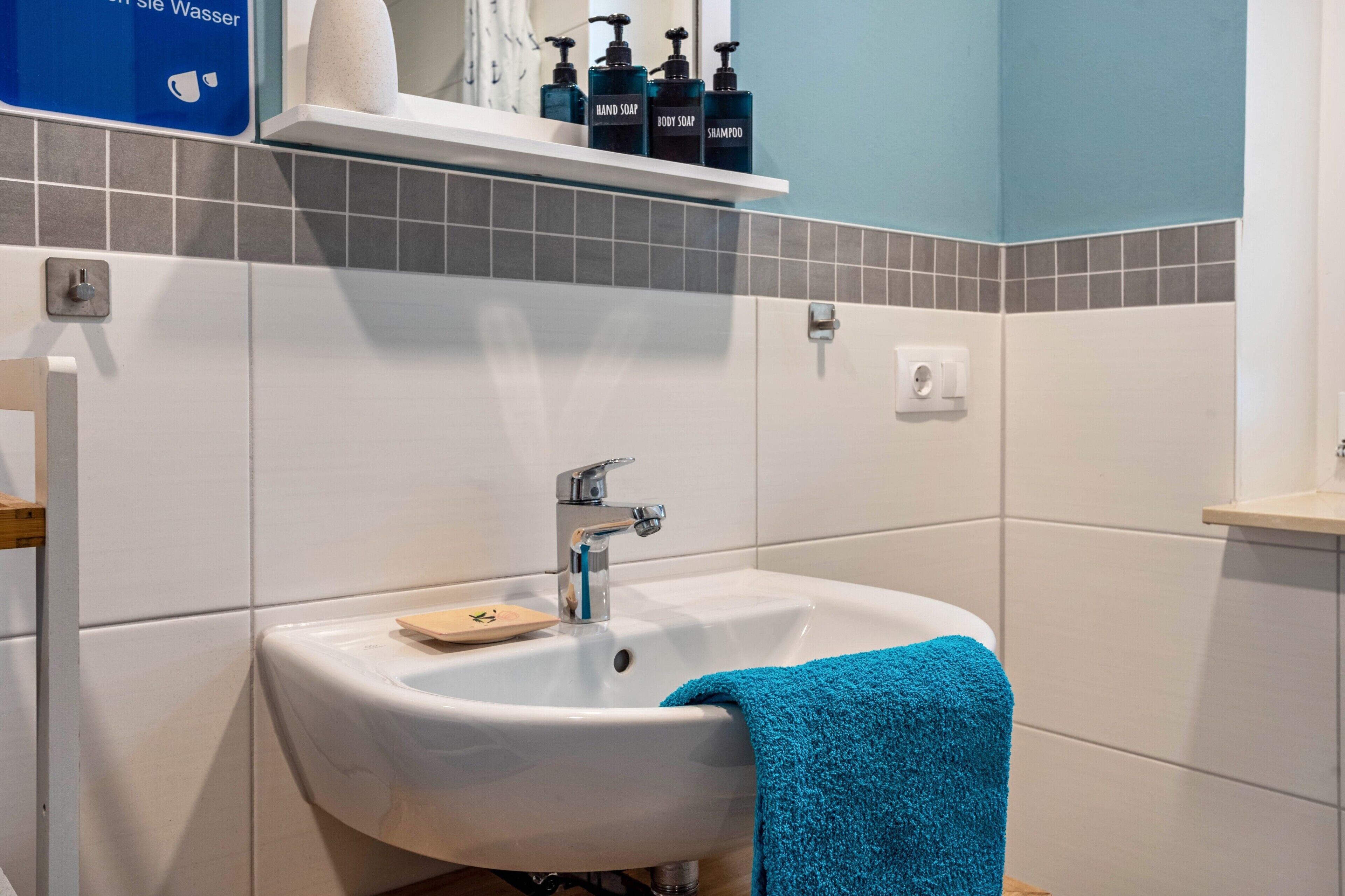 Shower, hair dryer, towels