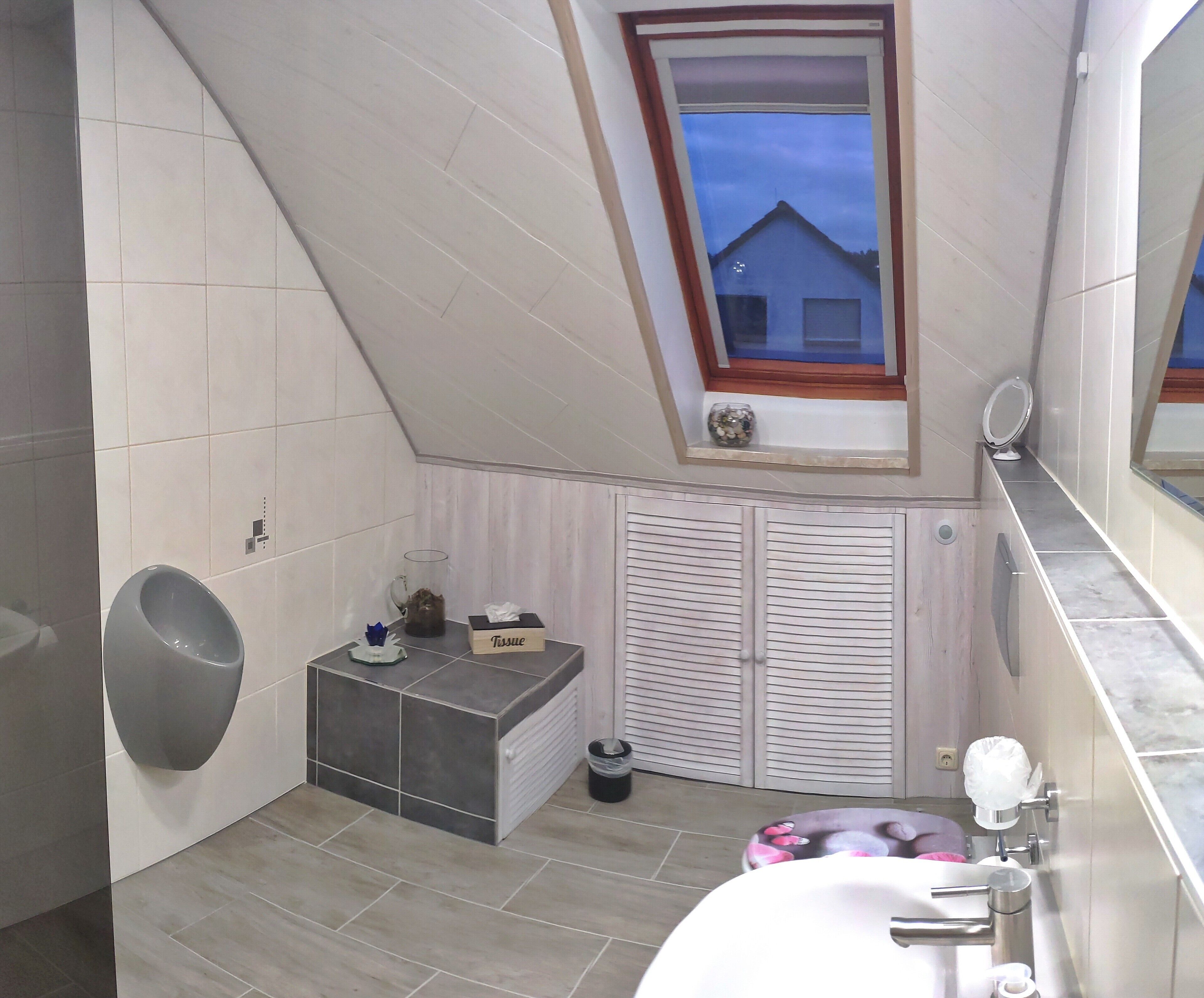 A modern bathroom with a urinal, a tissue box, a trash bin, and a window with a view of a house.