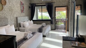A hotel room with two beds, a large window, and a balcony. - Hideaway Resort Ban Chang (Ban Chang)