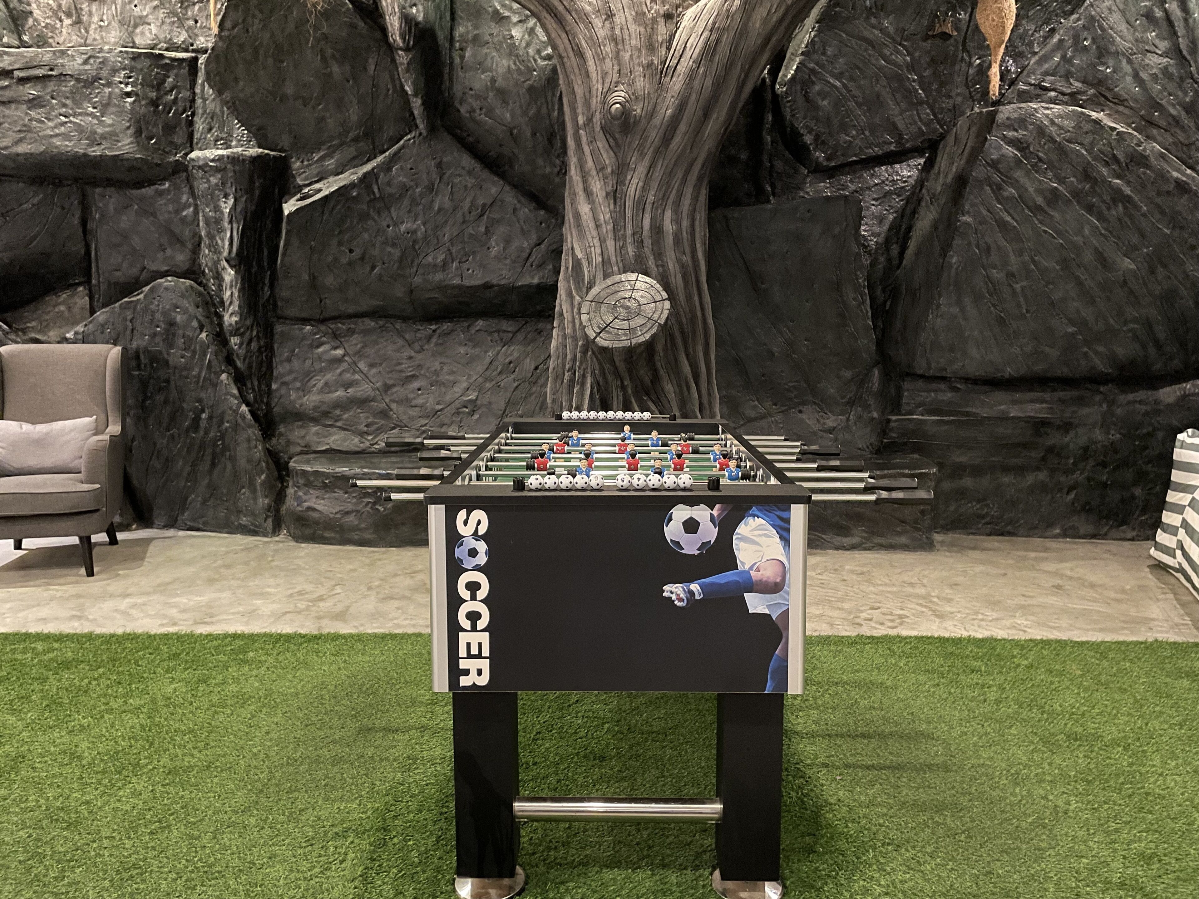 Une table de baby-foot ornée d’une image de joueur de football et du mot « FOOTBALL », le tout placé devant un mur de rochers et le tronc d’un arbre.