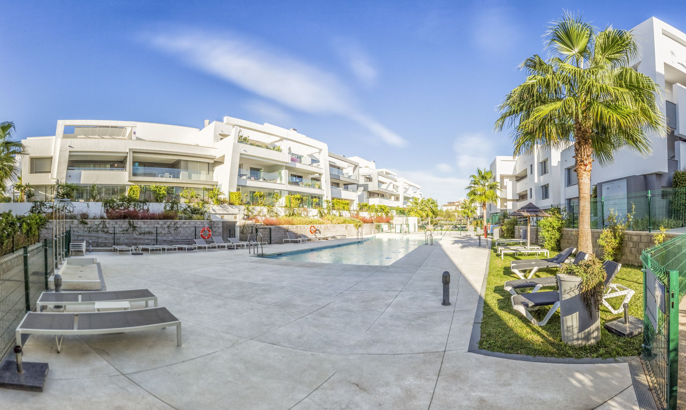 Un hôtel moderne doté d’une piscine, d’un espace extérieur aménagé et de palmiers.
