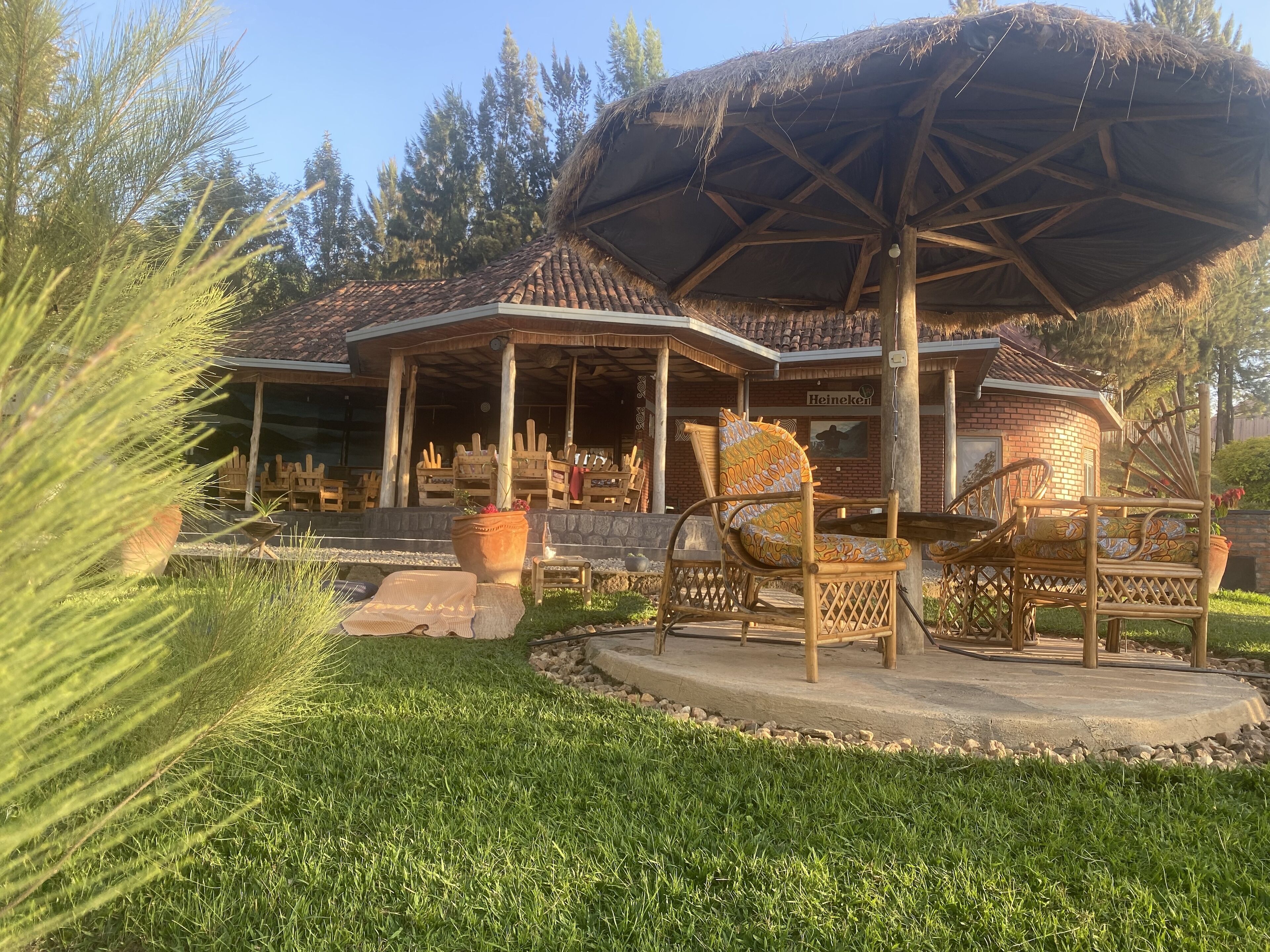 A covered outdoor seating area with wicker chairs and a large planter.