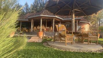 A covered outdoor seating area with wicker chairs and a large planter.