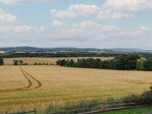 A rural landscape with fields, trees, and distant hills. - Whitehouse Woodwrae (Forfar)