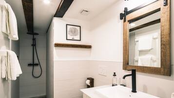 Un baño moderno con ducha, inodoro, lavabo y un espejo grande.