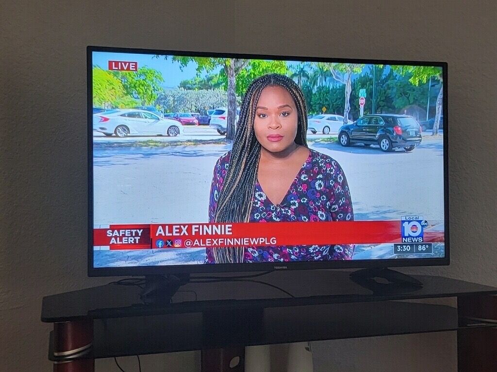 A television screen displaying a news broadcast with a reporter named Alex Finnie.