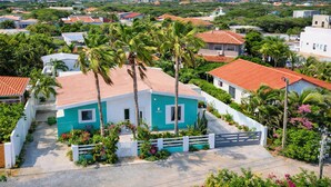 Un quartier résidentiel avec des maisons, des palmiers et une vue sur l’océan.