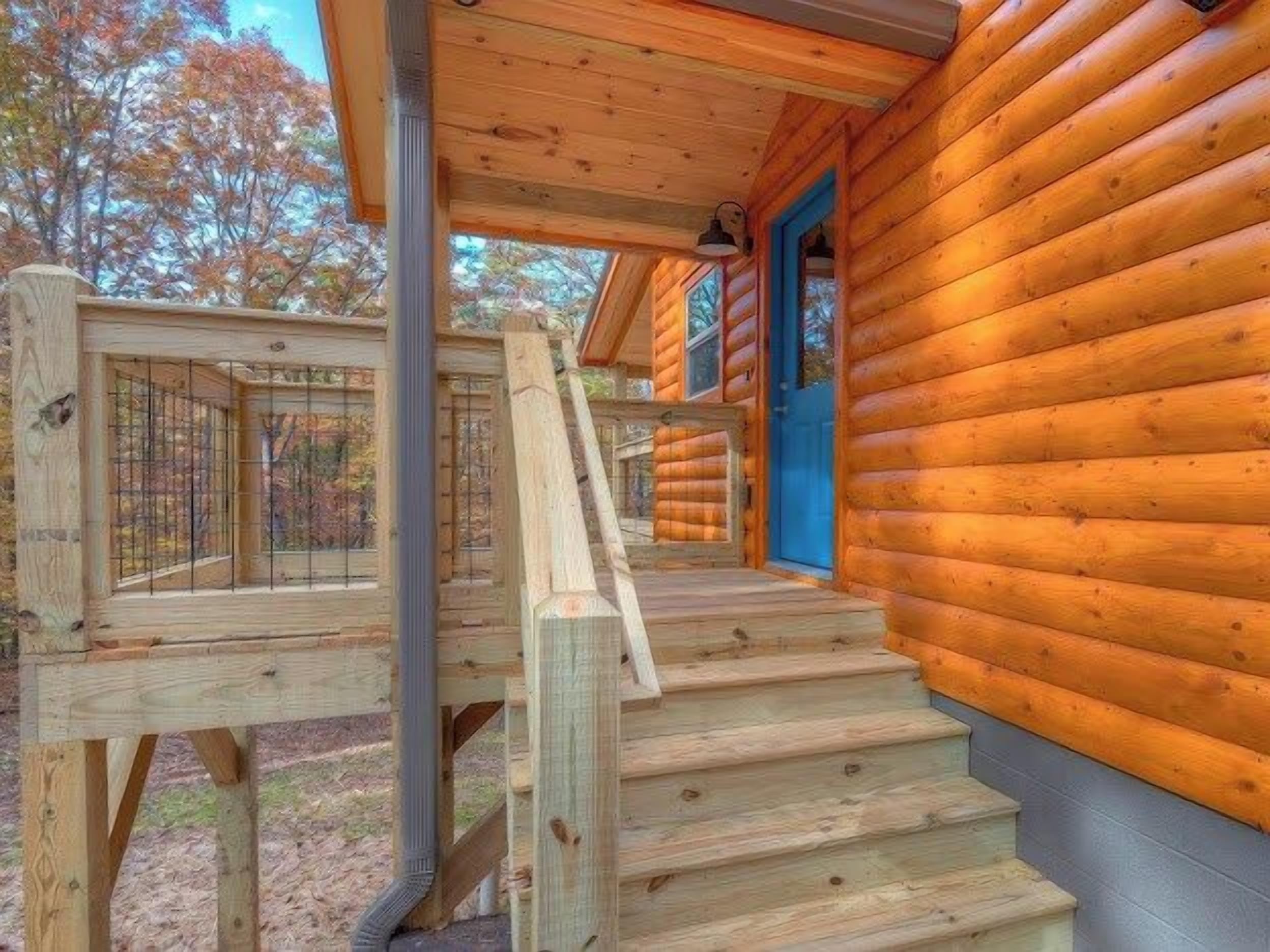 A wooden cabin with a wooden staircase leading to a blue door.