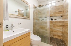 Secadora de cabello, toallas, jabón, papel de baño