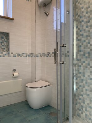 Hair dryer, bidet, towels, soap