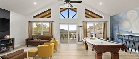 Smart TV, fireplace, video games, foosball