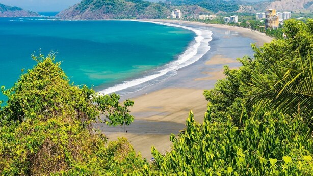 Eine Küstenlandschaft mit Sandstrand, klarem blauen Wasser und dichter grüner Vegetation.