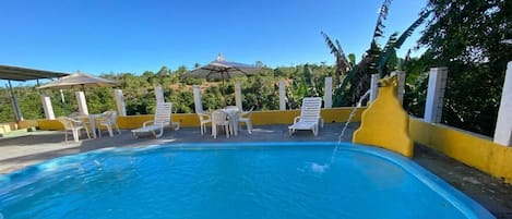 Outdoor pool, open 10:00 AM to 8:00 PM, pool umbrellas, sun loungers