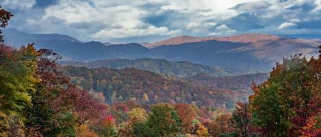 A mountainous landscape with autumn foliage.