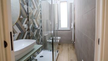 Shower, hair dryer, bidet, towels