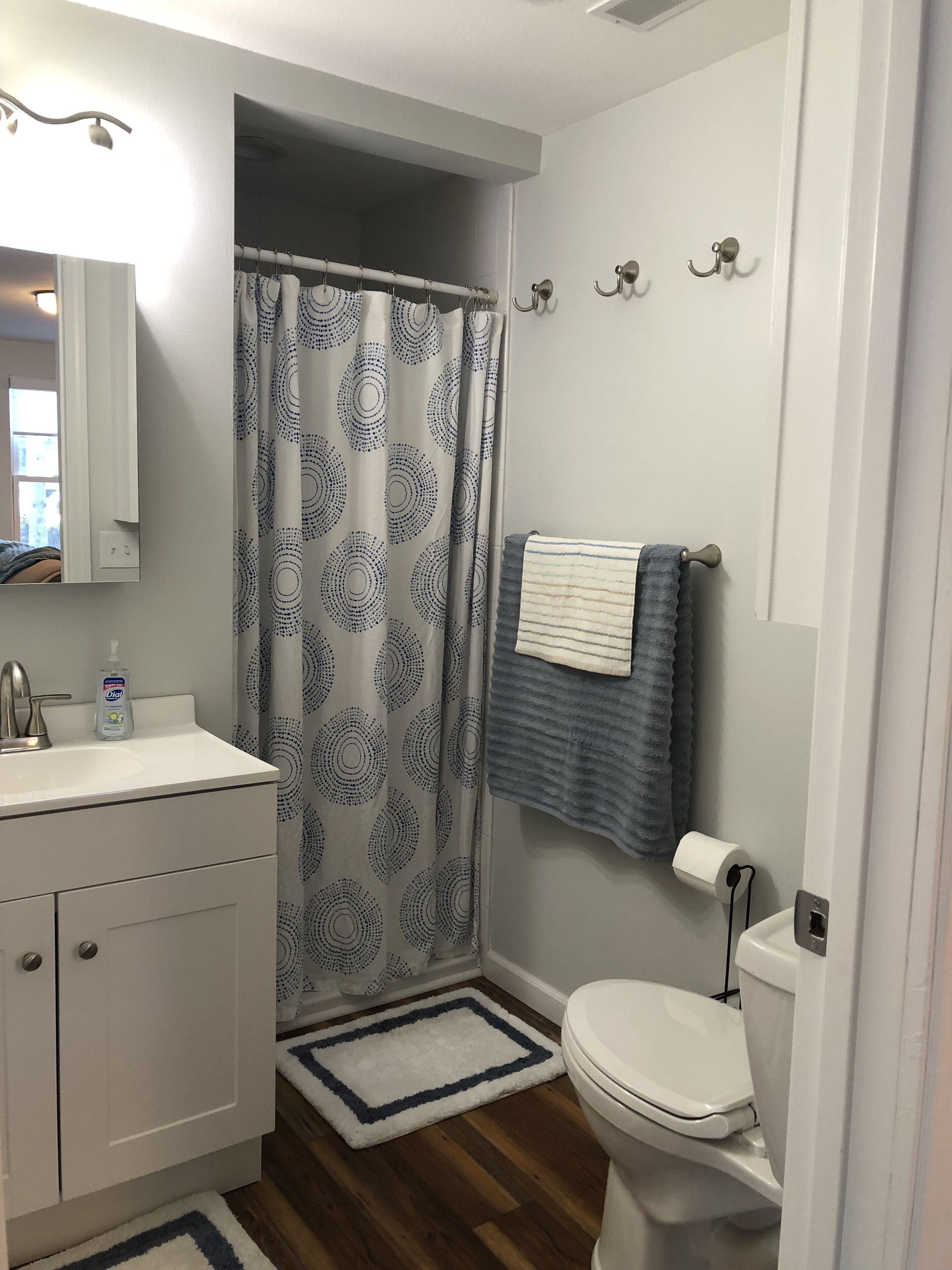 Douche, sèche-cheveux, serviettes fournies, savon