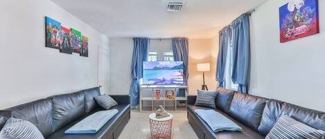 TV connectée, cheminée, livres