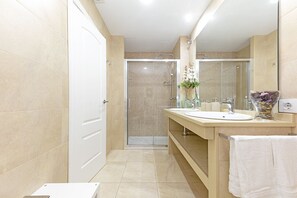 Hair dryer, towels, soap, toilet paper