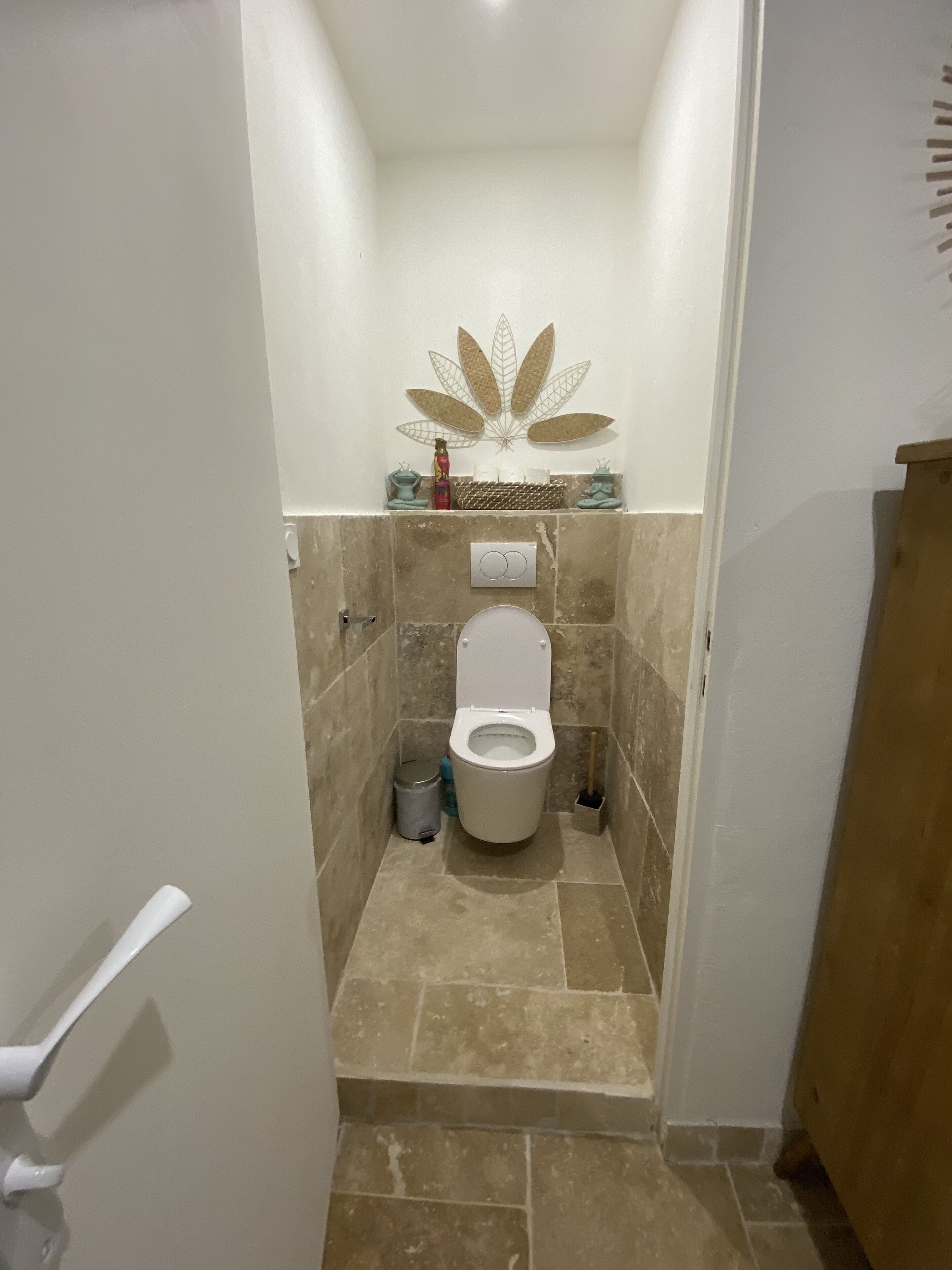 Een badkamer met toilet, een prullenbak en een decoratief wandobject.