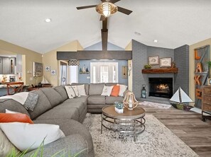 Smart TV, fireplace, DVD player, books