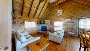 TV, fireplace - Adelaide's Den (2-Bedroom Cabin) with Mountain view - Pets Allowed by RedAwning (Townsend)