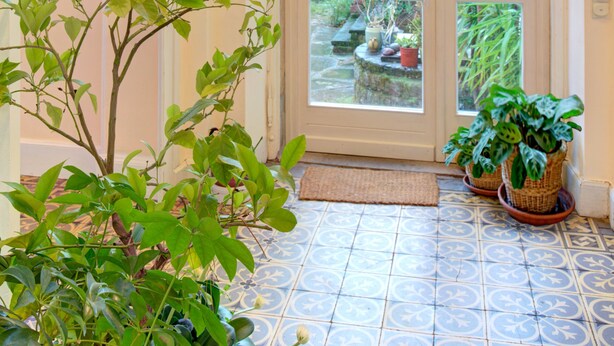 A foyer with a tiled floor, a glass door leading to a garden, and a hanging light fixture. - Wohnung in Historischem Herrenhaus (Rhodt unter Rietburg)