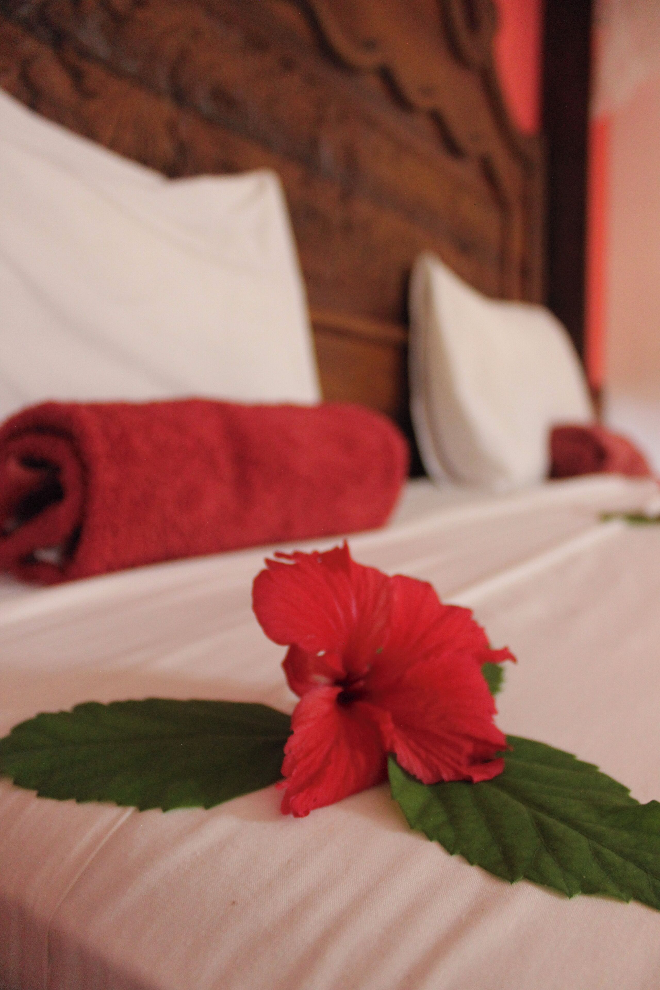 A bed with a white sheet, a red hibiscus flower, and a rolled red towel.