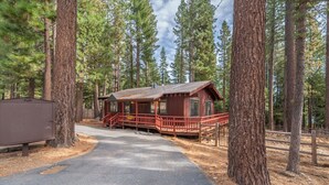 Une cabane dotée d’un porche, entourée de grands pins.