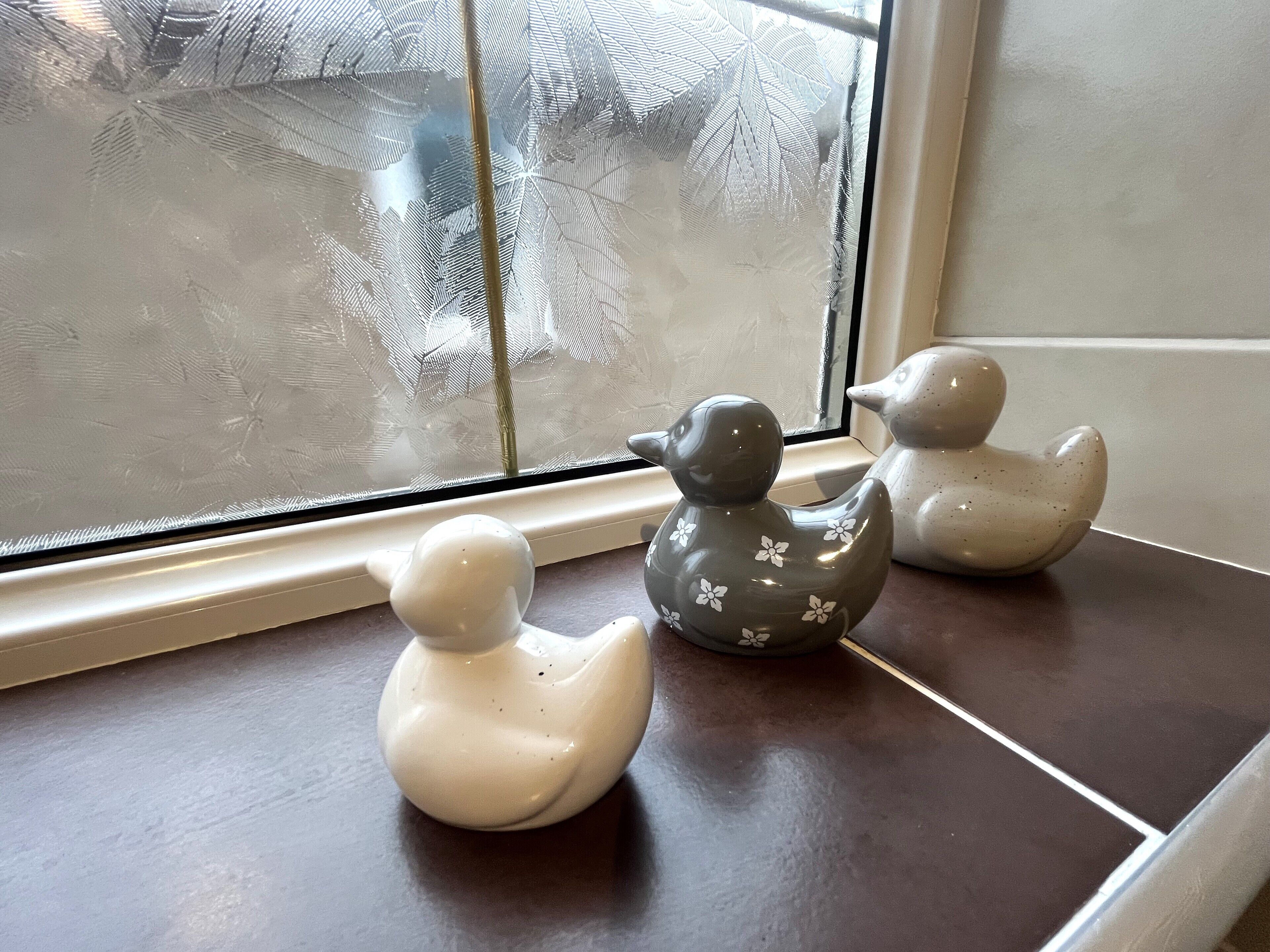 Three ceramic duck figurines on a dark tiled surface near a window with frost patterns.