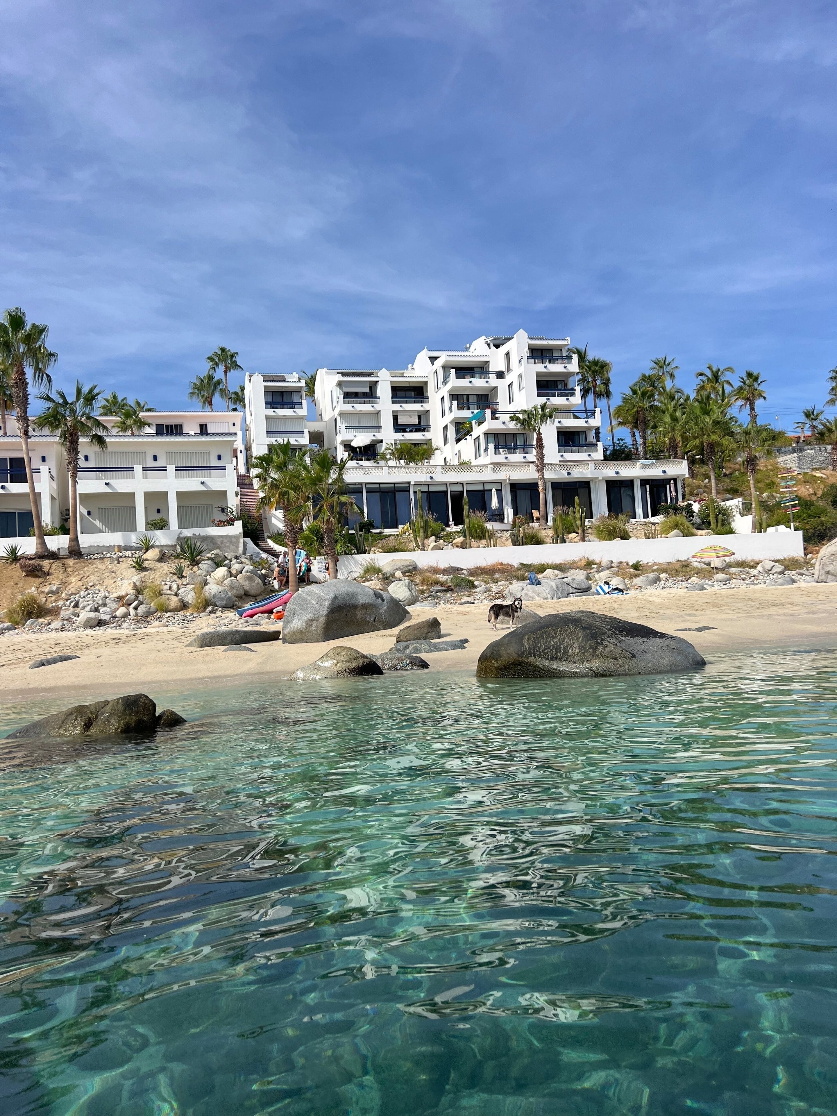 Un hotel frente a la playa con varios balcones, aguas turquesas cristalinas y palmeras.