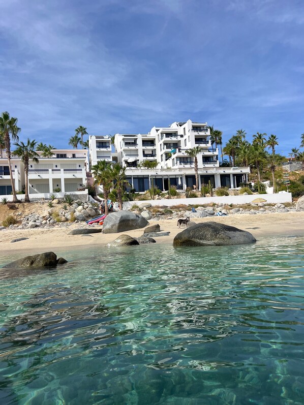 A beachfront hotel with multiple balconies, clear turquoise waters, and palm trees.