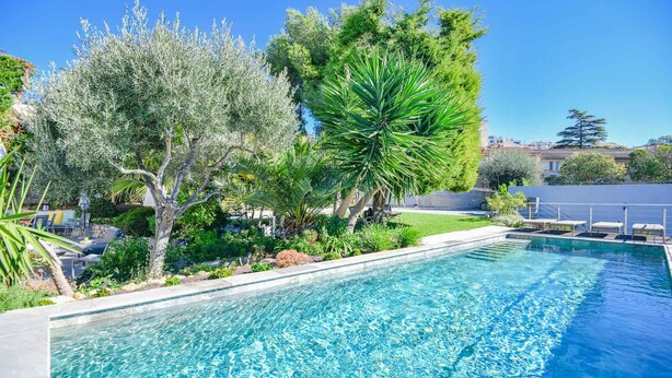 Ein klares, blaues Schwimmbecken, umgeben von üppigem Grün und einem gepflegten Garten.
