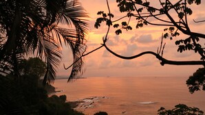 A coastal sunset view with palm trees and a clear sky. - VERANERA, bas de villa avec vue magnifique sur le pacifique (Puntarenas Province)