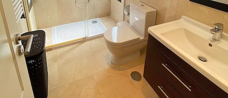 Shower, hair dryer, towels, toilet paper