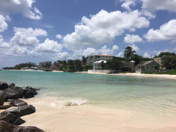 On the beach, sun-loungers, beach towels