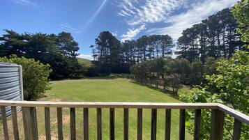 Une terrasse en bois donnant sur une pelouse bien entretenue, agrémentée d’arbres et offrant une vue sur un ciel dégagé.