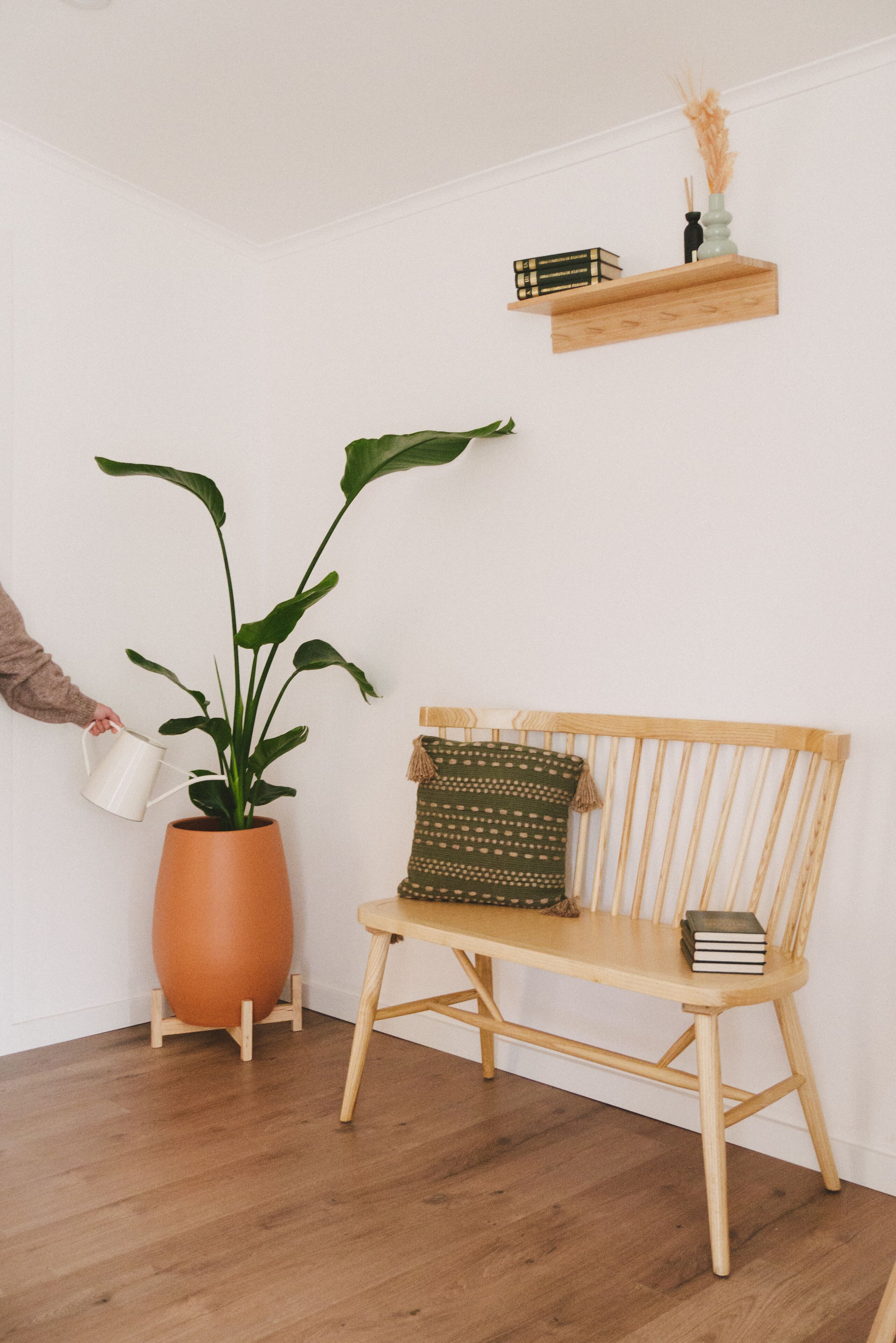A corner with a wooden bench, a large potted plant, a small shelf with books and a vase, and a white wall.
