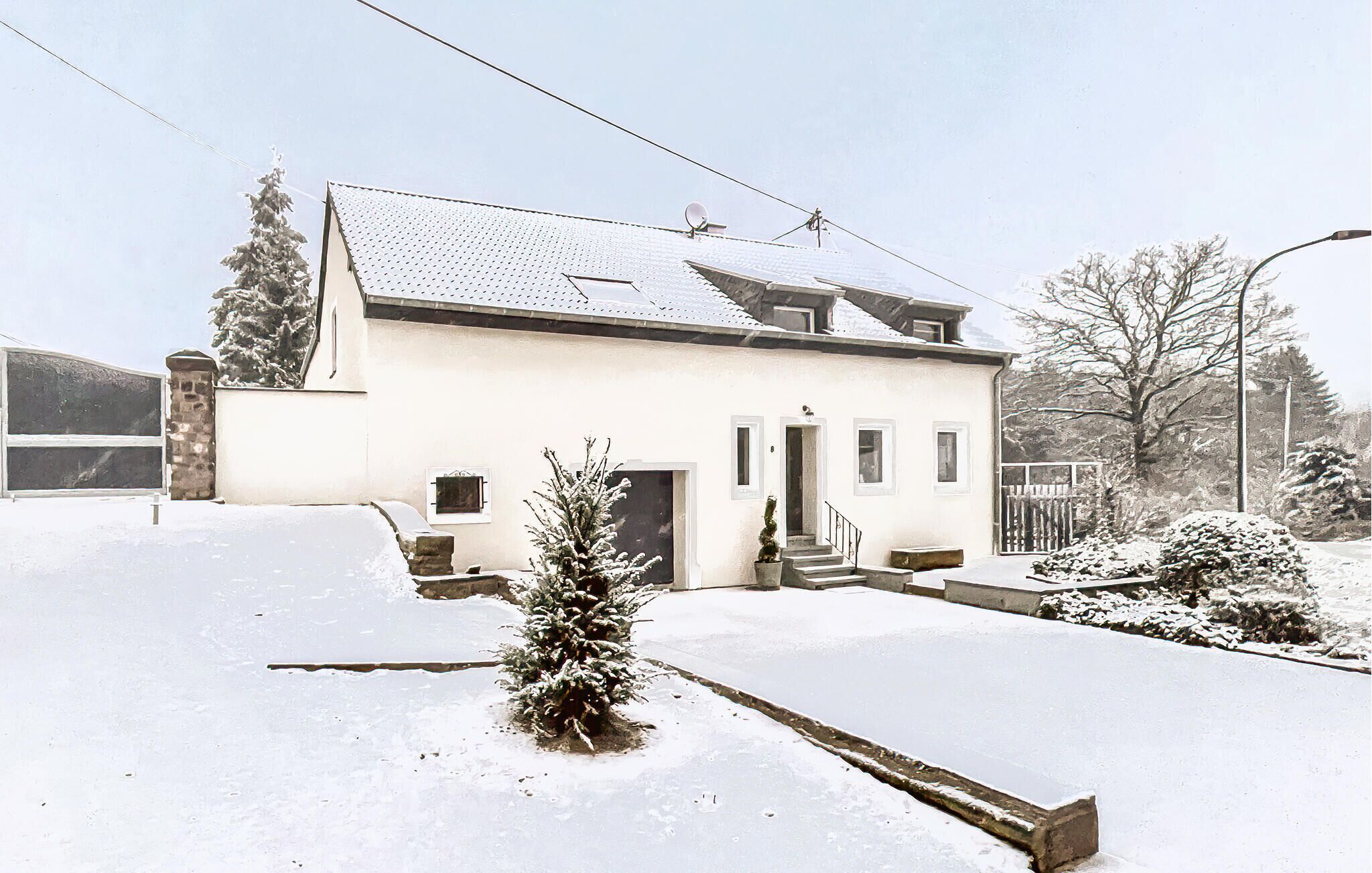 A two-story house with a snow-covered lawn, a small tree, and a visible garage.