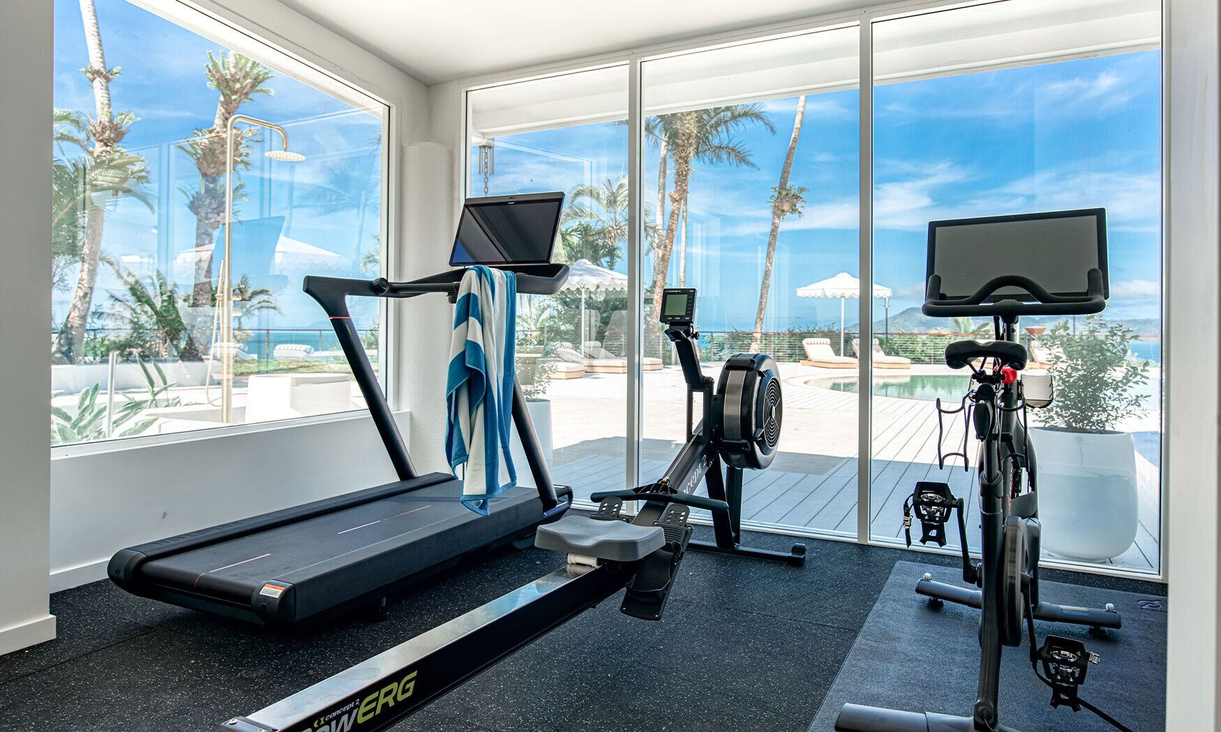 A home gym with a treadmill, stationary bike, and rowing machine, overlooking a pool and palm trees.