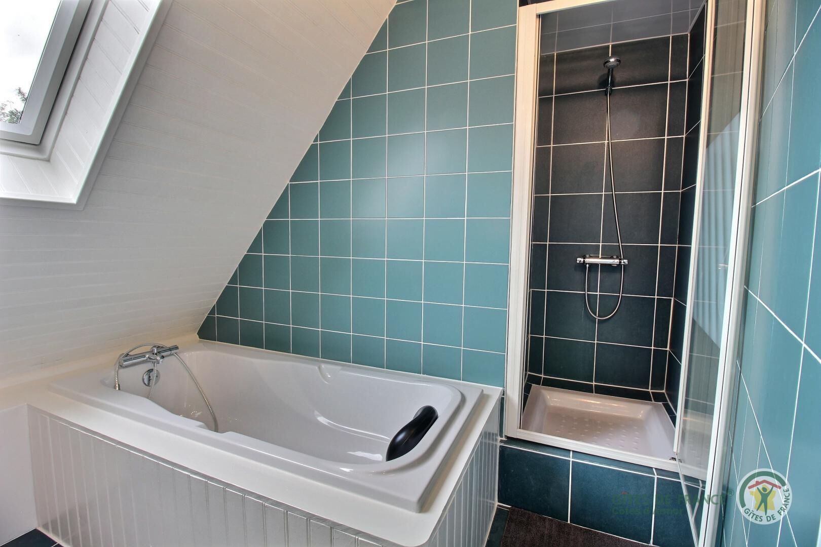 A bathroom with a bathtub, a shower, and teal tiles.