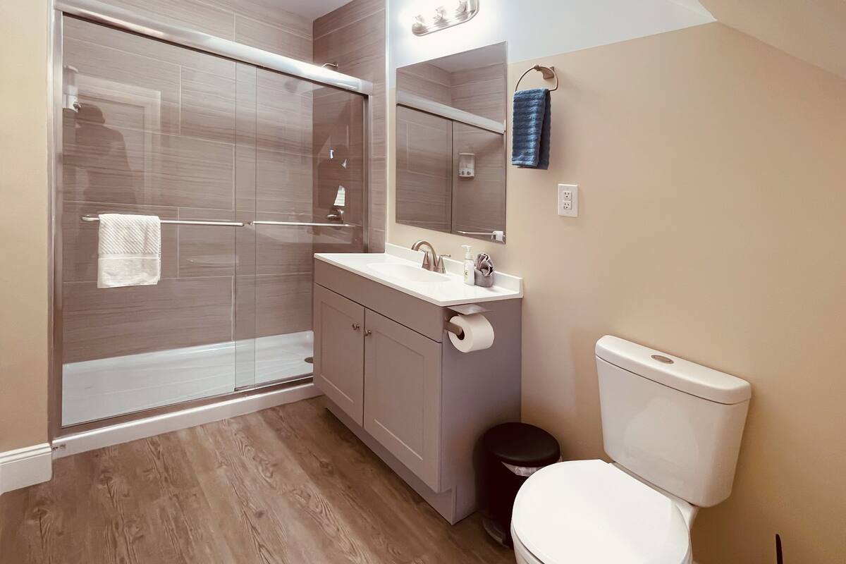 Un baño moderno con ducha envuelta en vidrio, tocador con espejo y retrete.