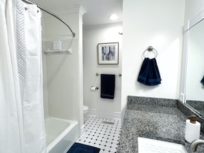 Hair dryer, towels, soap, shampoo