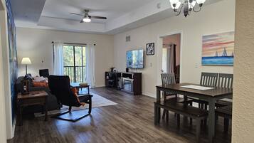 Smart TV, fireplace, foosball, books