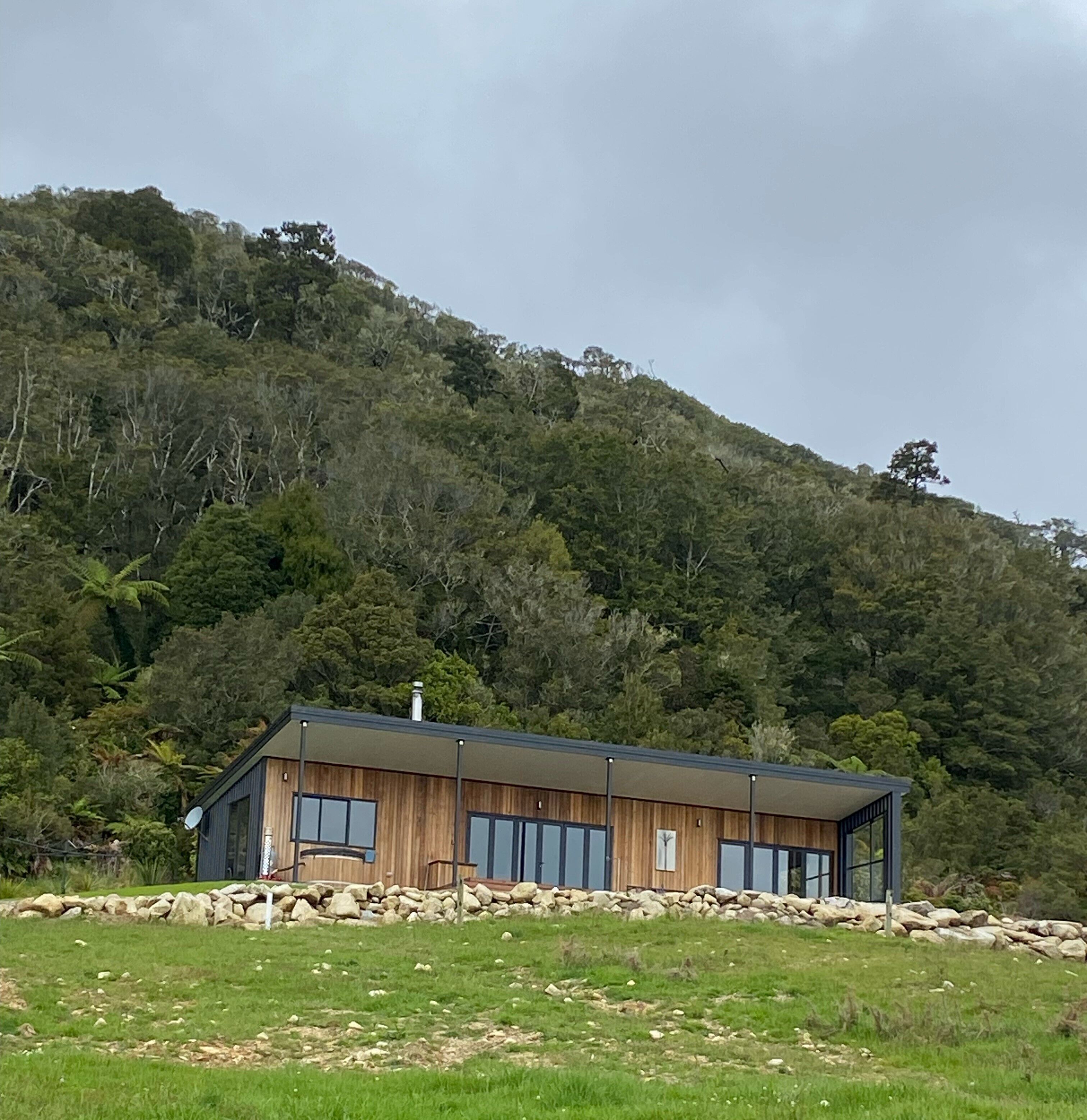 A modern two-story house with a stone foundation, large windows, and a flat roof, surrounded by a grassy area and a forested hill.