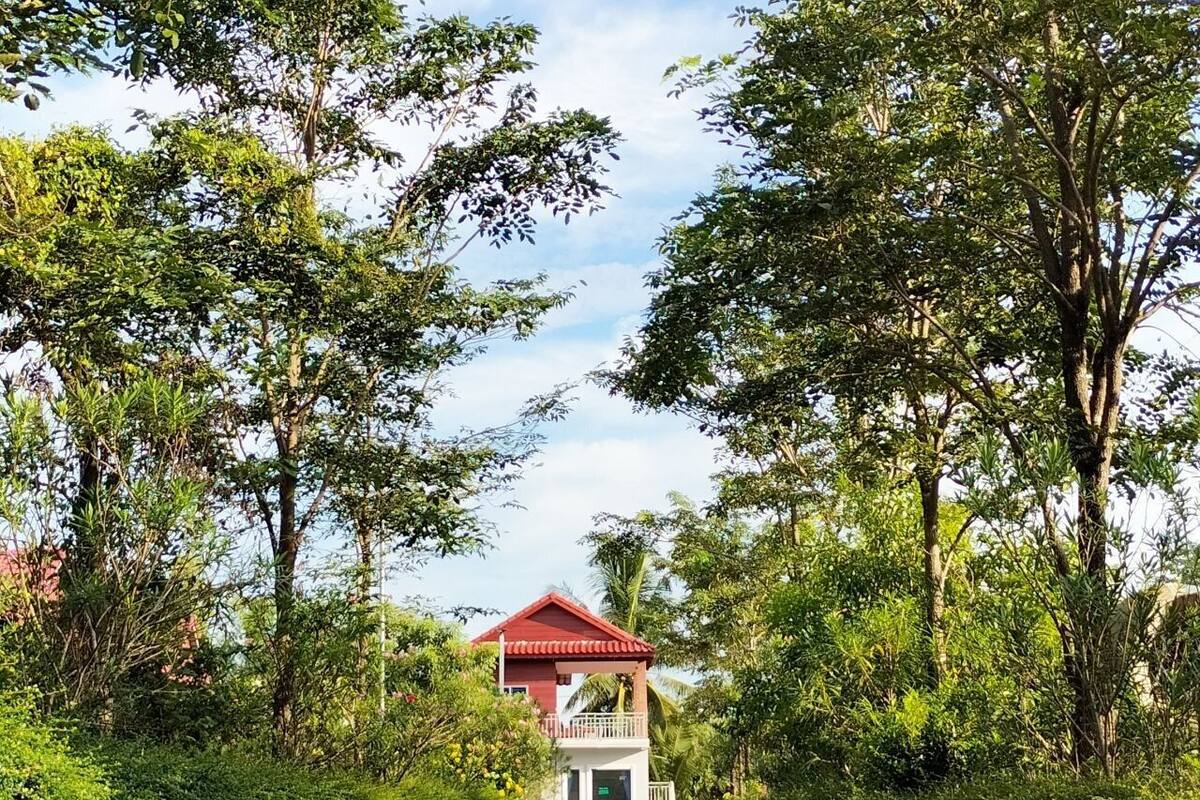 A building with a red roof and white walls, surrounded by lush greenery.