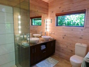 Regadera, amenidades de baño ecológicas, secadora de cabello, toallas 