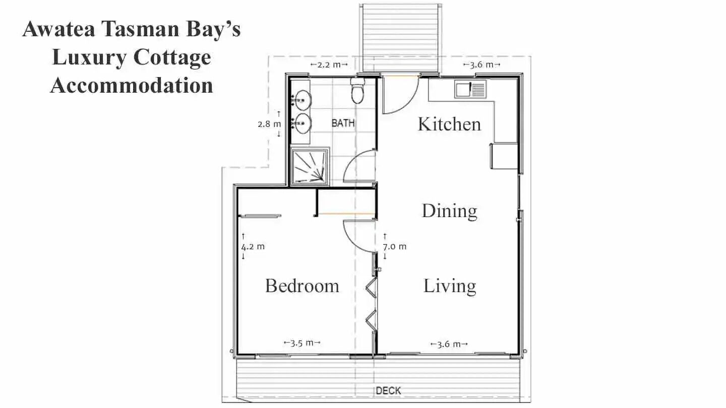 Awatea Tasman Bay's Luxury Cottage Accommodation floor plan with a bathroom, kitchen, dining, bedroom, and living area.