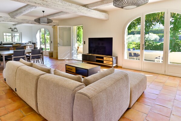 Smart TV, fireplace, table football, books