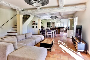 Smart TV, fireplace, table football, books